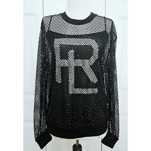 Ralph Lauren Purple Label Mesh Crystal Brewer Top Womens Monogram RL Black